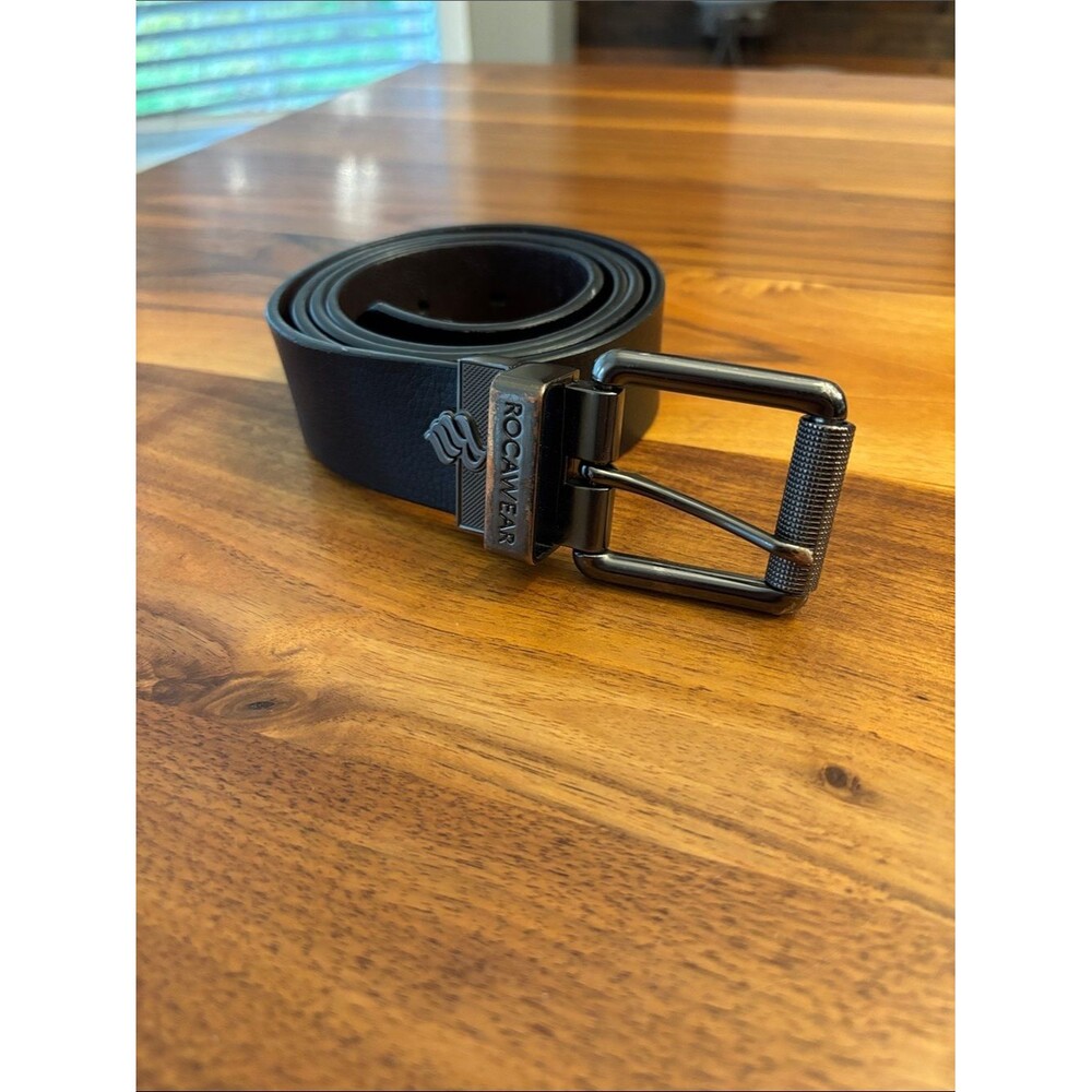 Rocawear Black Silver Hardware Bonded Leather Belt Size 42